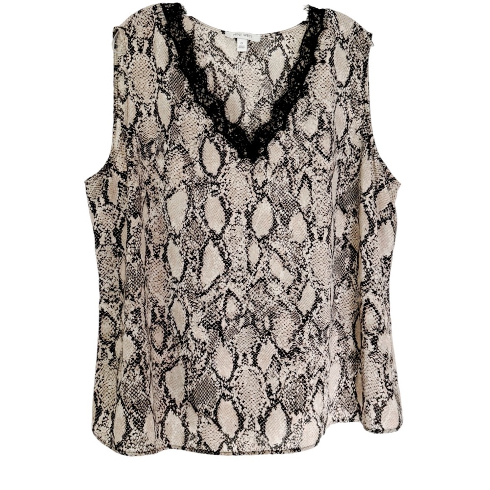 Nine West Sleeveless Pale Pink Print Chiffon Lace Trim V Neck Blouse